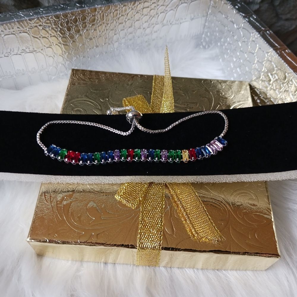 Colorful Rhinestones STERLING SILVER Adjustable Bracelet